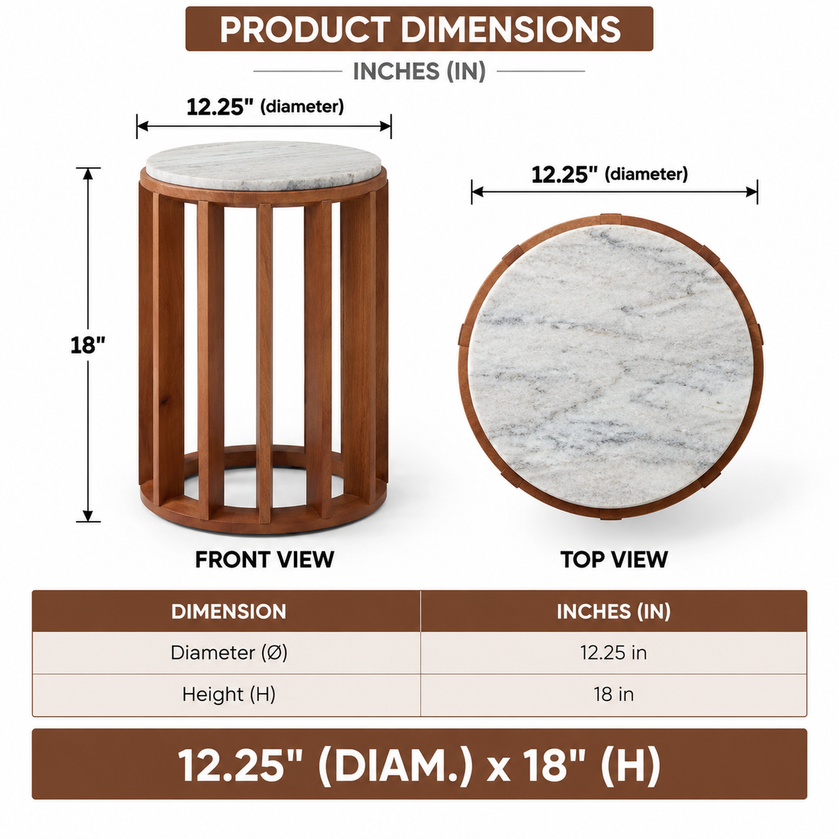 Wooden Round Side Table with Marble Top