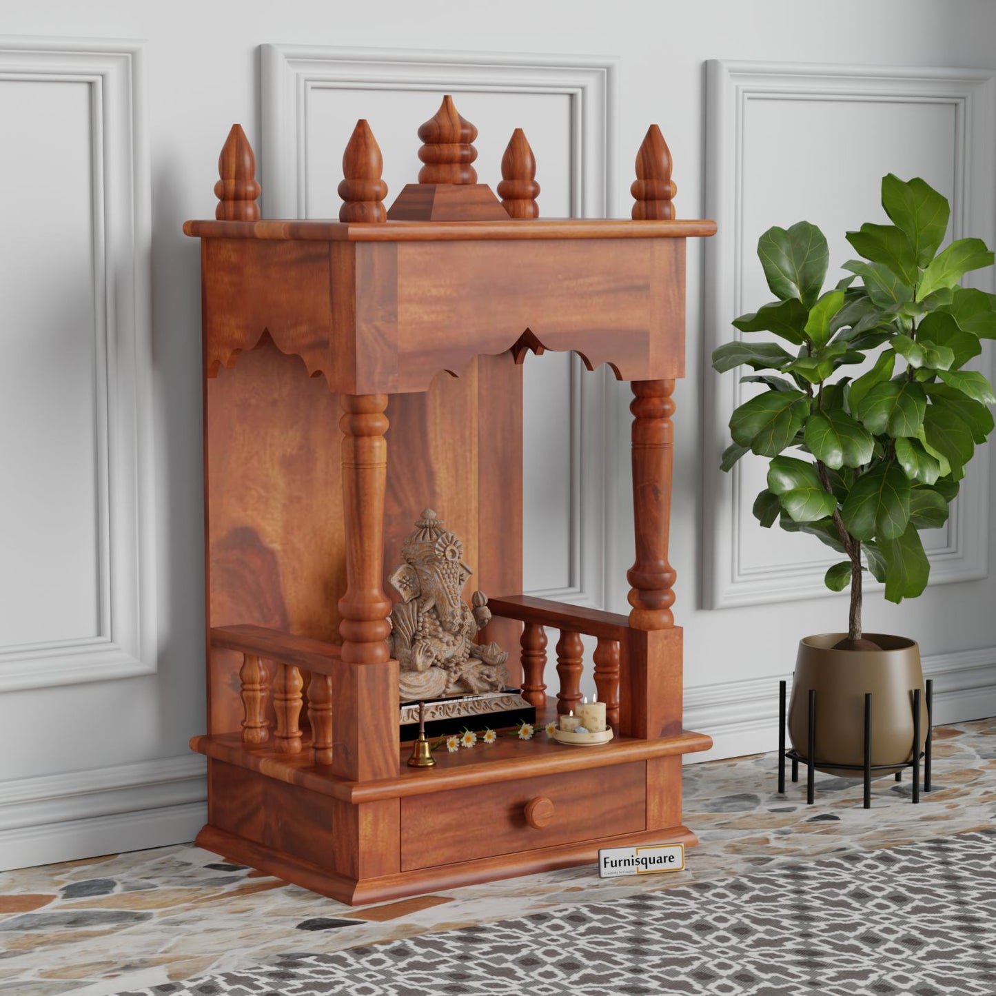Solid Wood Handcrafted Puja Mandir with Traditional Design