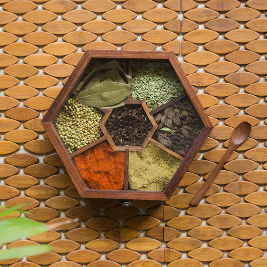 Sheesham Wood Hexagonal Spice Box With Spoon