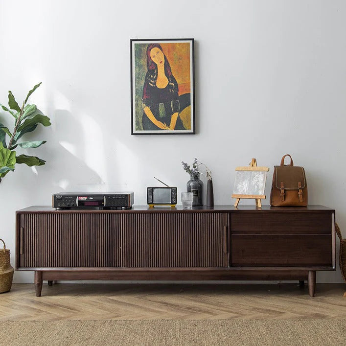 Solid Wood TV Cabinet with Storage for Living Storage in Dark Walnut Finish