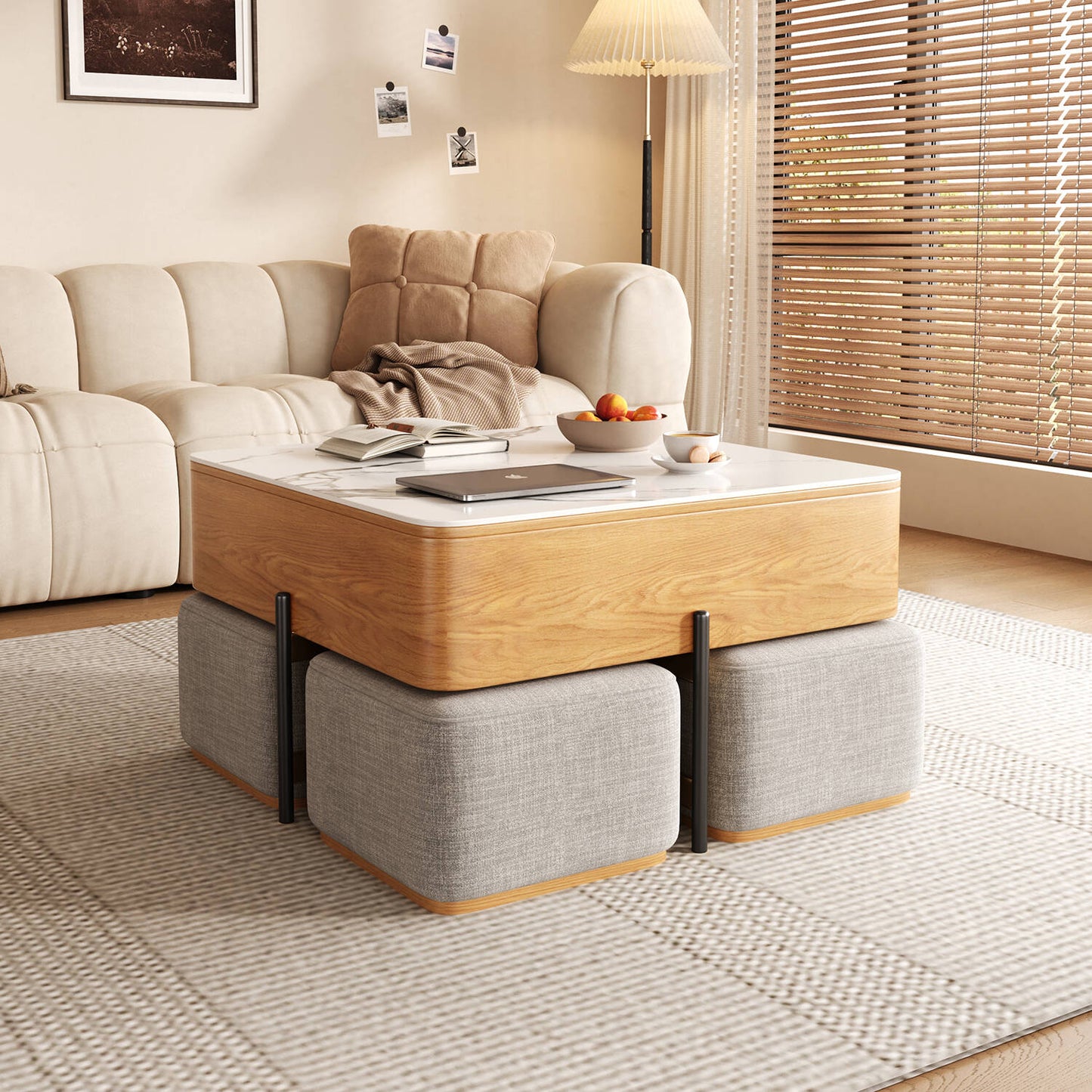 Wooden 4-Seater Coffee Table & Ottoman Set