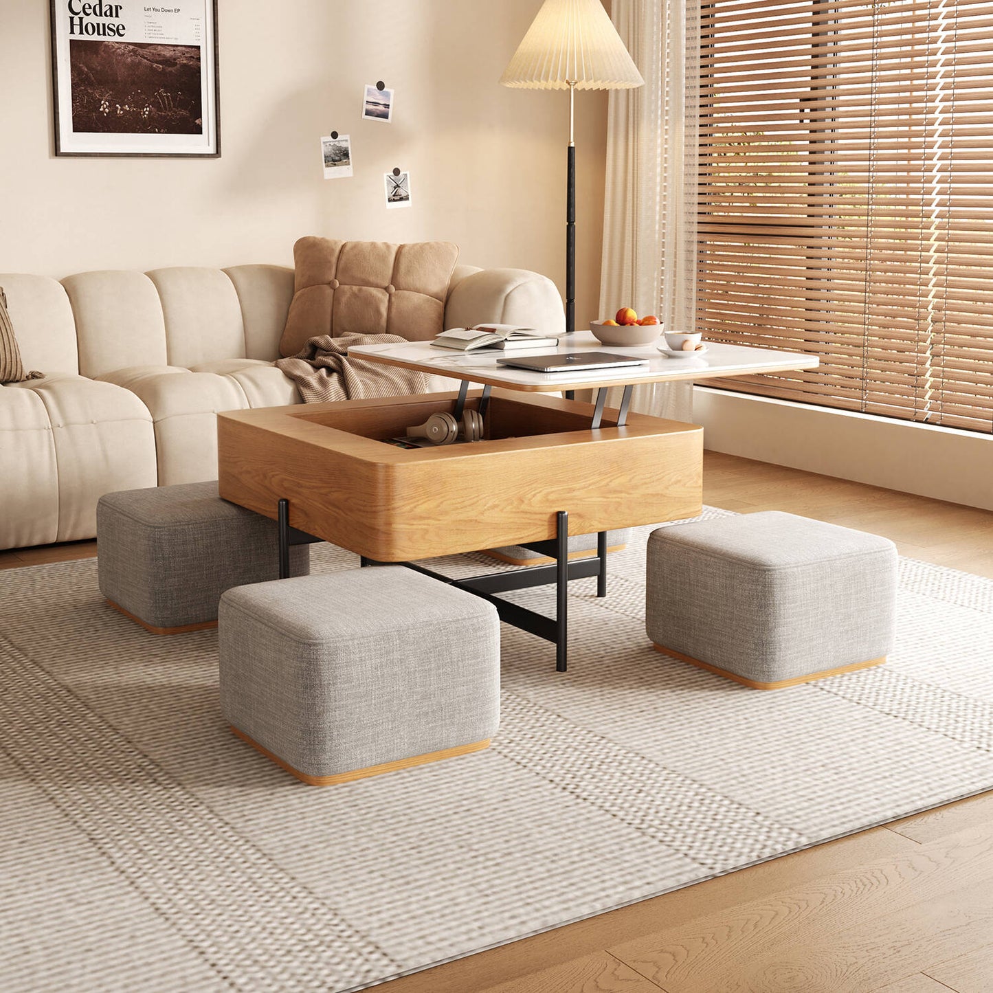 Wooden 4-Seater Coffee Table & Ottoman Set