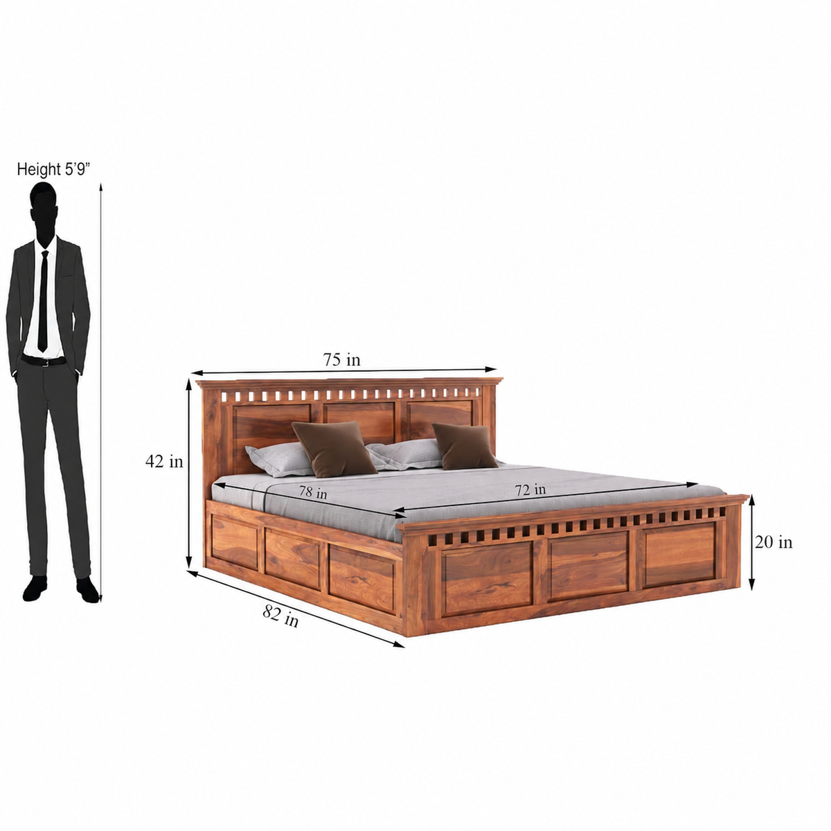 Solid Sheesham Wood King Size Bed with Storage Box