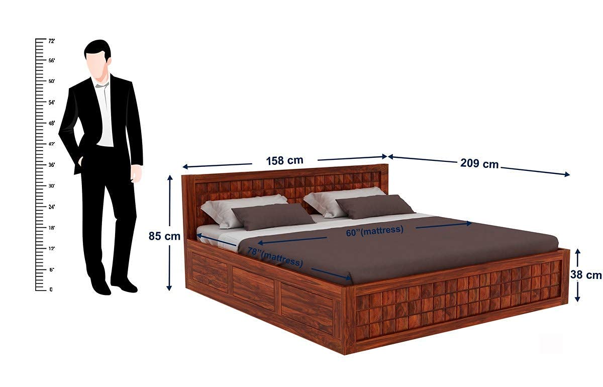 Solid Sheesham Wood Queen Size Bed with Storage | Wooden Double Bed Cot Bed with Box Storage for Bedroom | Diamond Design Bed with Storage