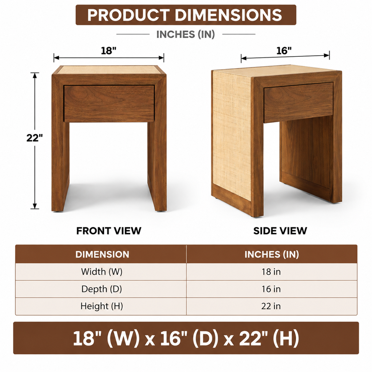Solid Wood Side Table with Raffia and Drawer