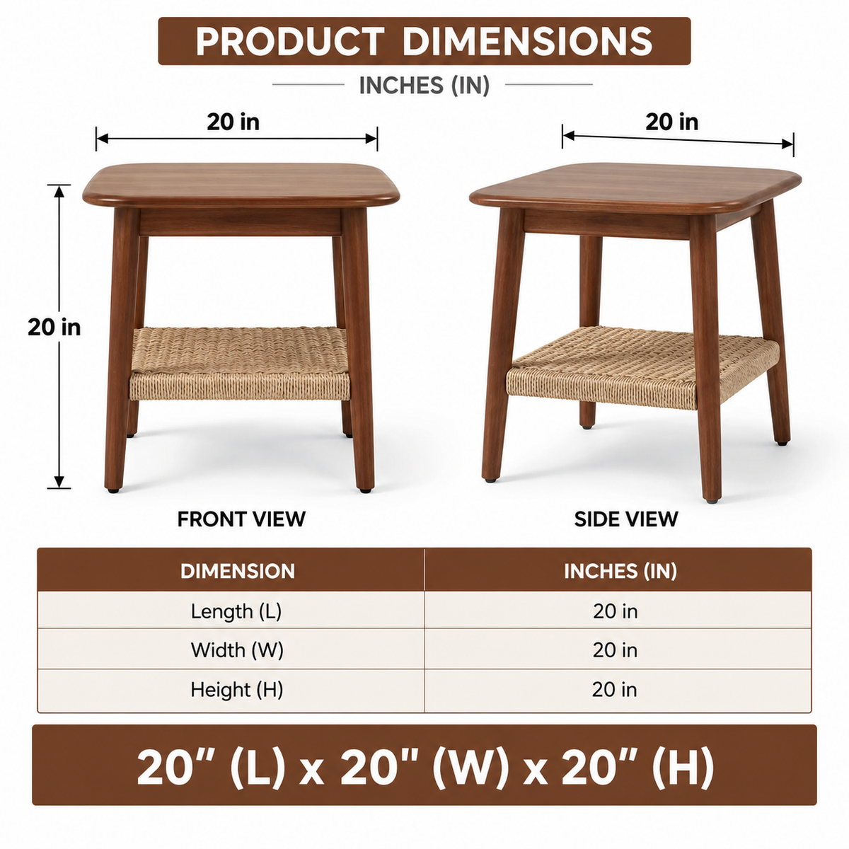 Solid Wood Side Table with Woven Shelf