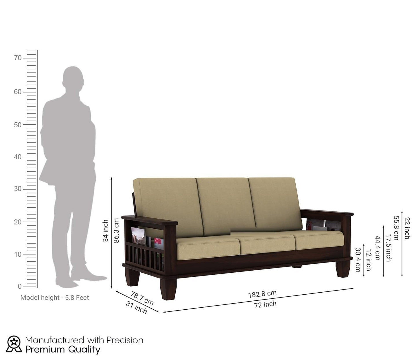 Solid Sheesham Wood 5 Seater Sofa Set with Cushions for Living Room