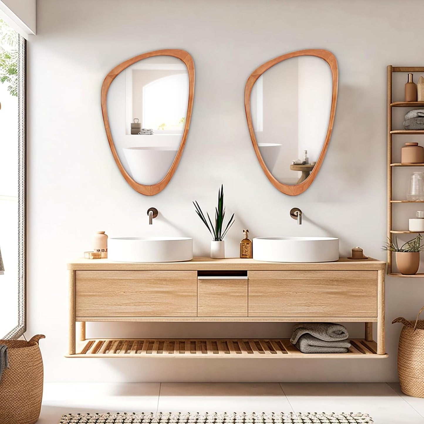 Wooden Wall Mirror in Asymmetrical Organic-Shaped