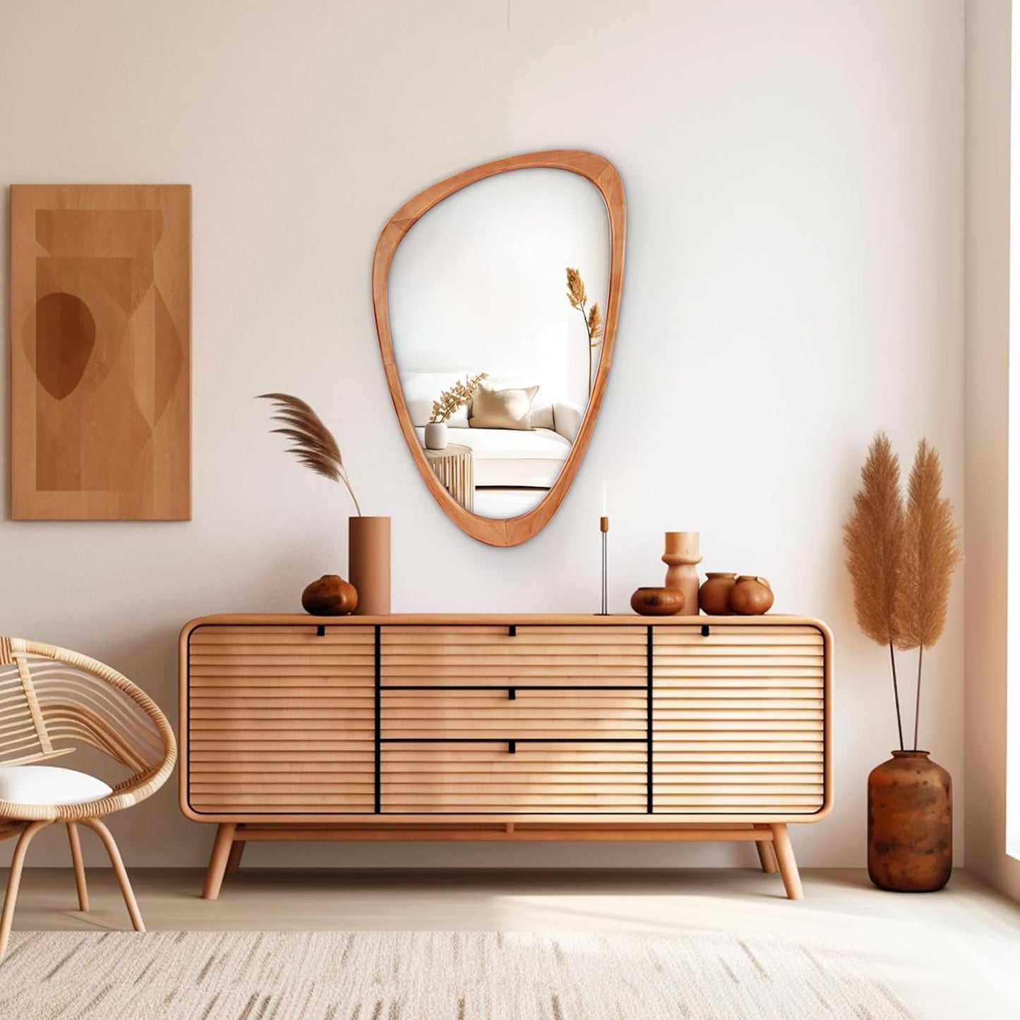 Wooden Wall Mirror in Asymmetrical Organic-Shaped