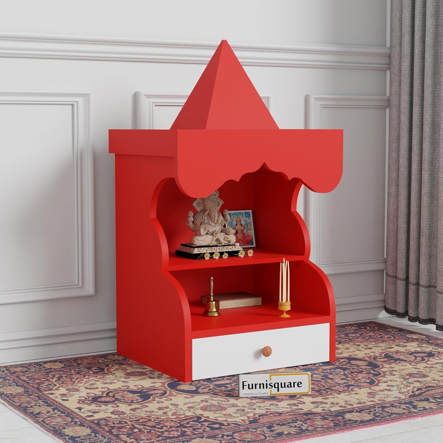Wooden Pooja Mandir with Drawer Storage for Home