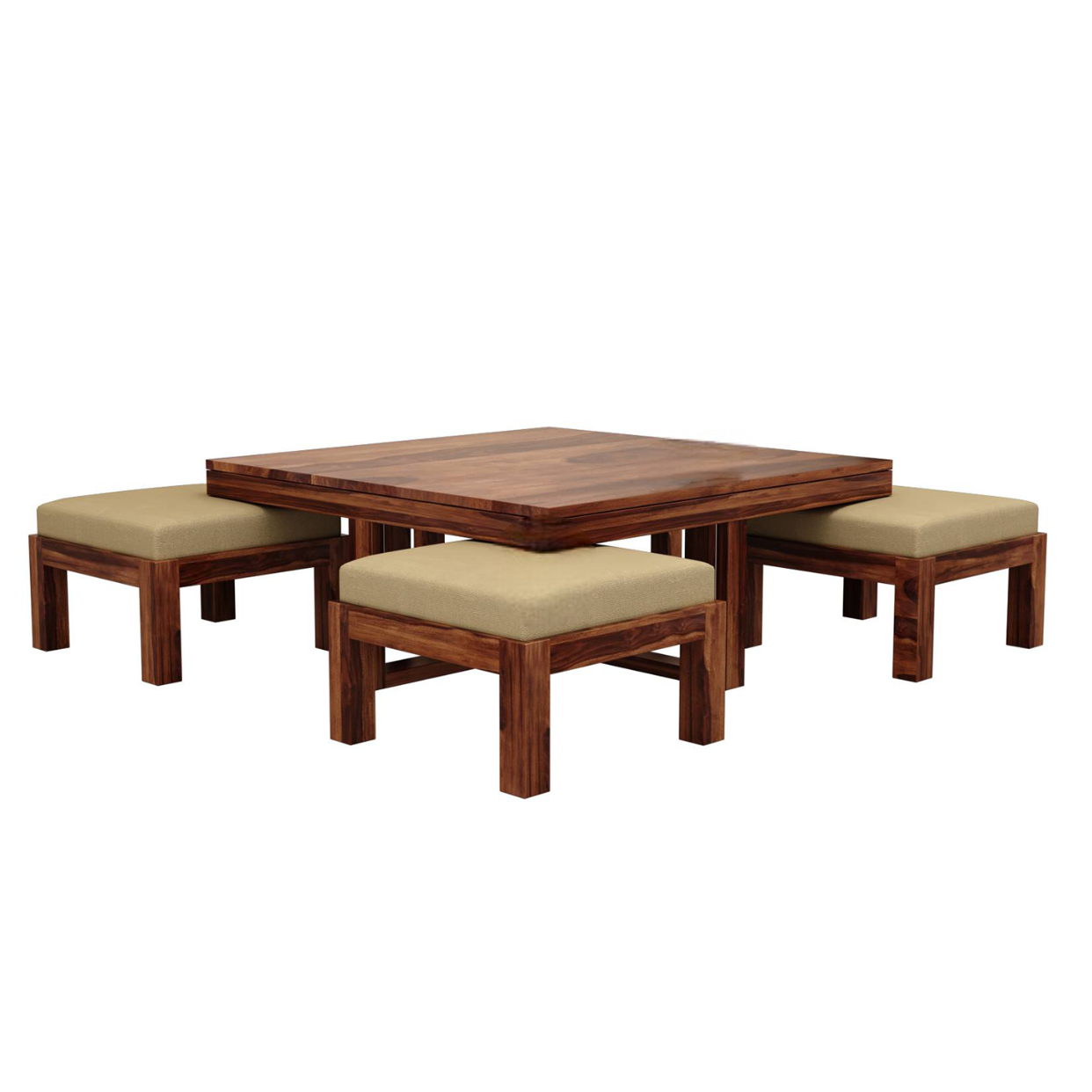 Solid Sheesham Wood Coffee Table with 4 Stools for Living Room