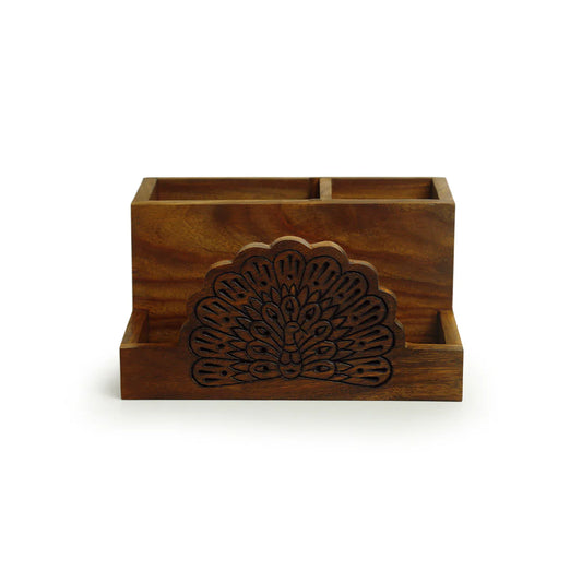 Wooden Hand Carved Cutlery & Stationery Holder