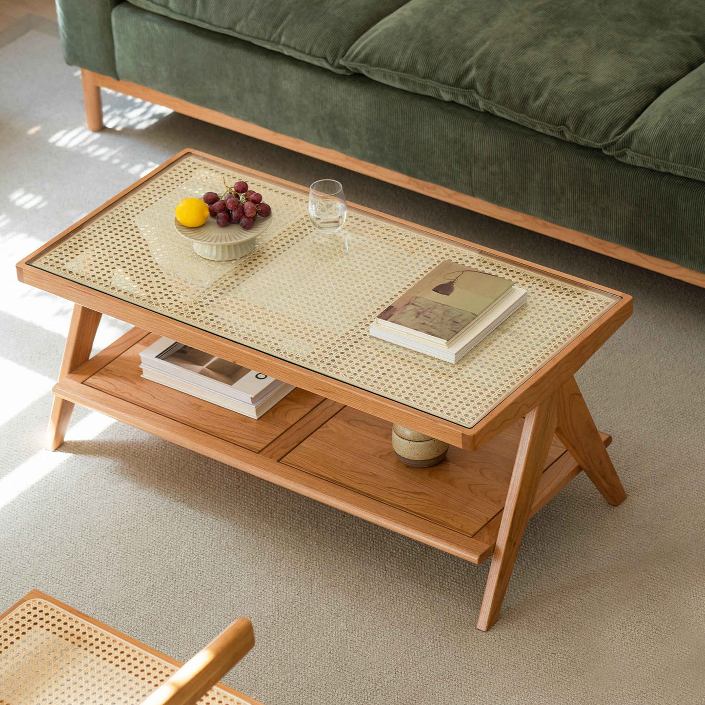 Wooden Coffee Table with Rattan Insert & Storage