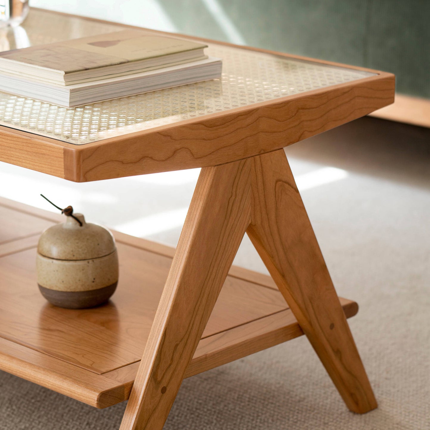 Wooden Coffee Table with Rattan Insert & Storage