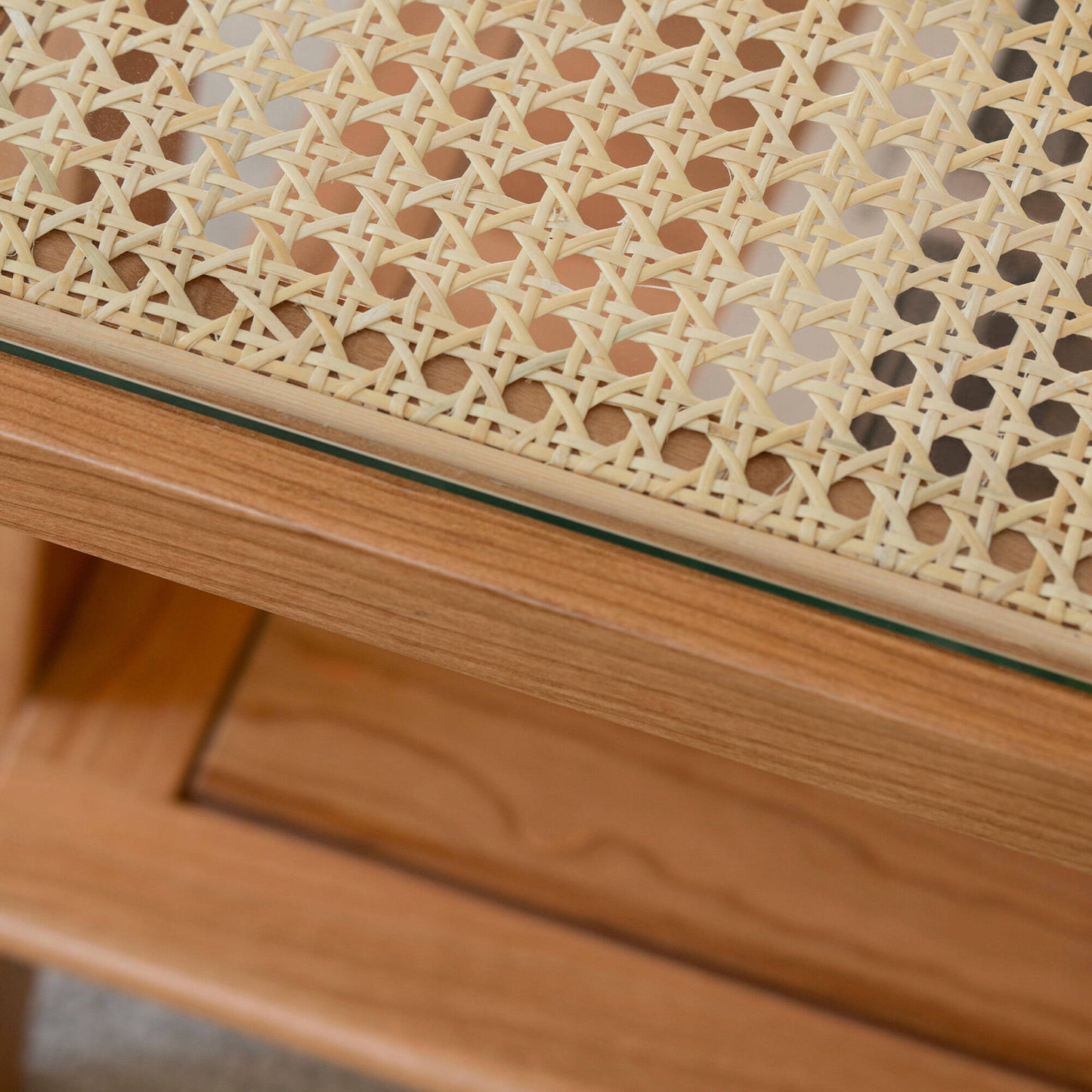 Wooden Coffee Table with Rattan Insert & Storage