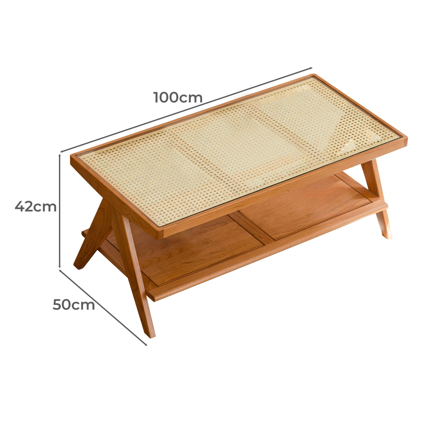 Wooden Coffee Table with Rattan Insert & Storage