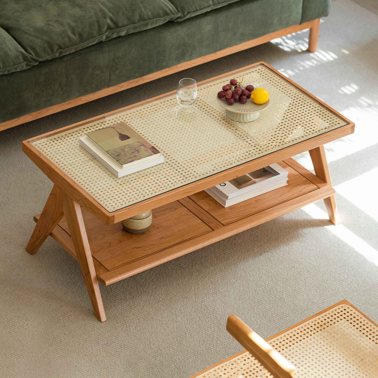 Wooden Coffee Table with Rattan Insert & Storage