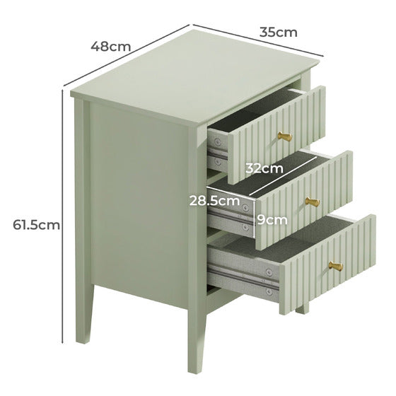 Solid Wood Bedside Table with 3 Drawers in Light Green Finish