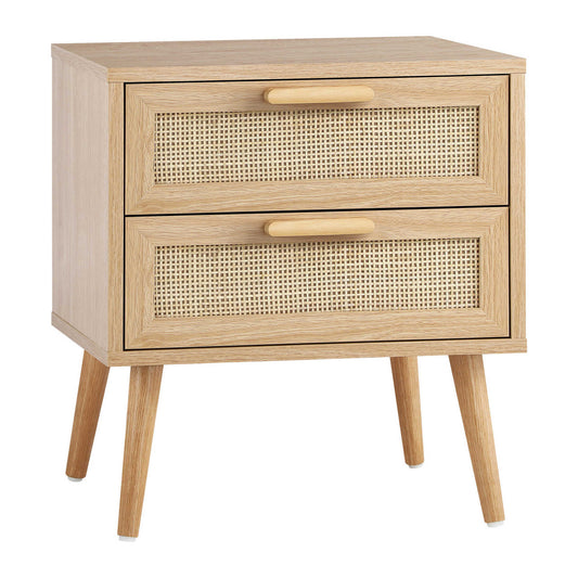 Wooden Bedside Table with Rattan Drawer Storage for Bedroom