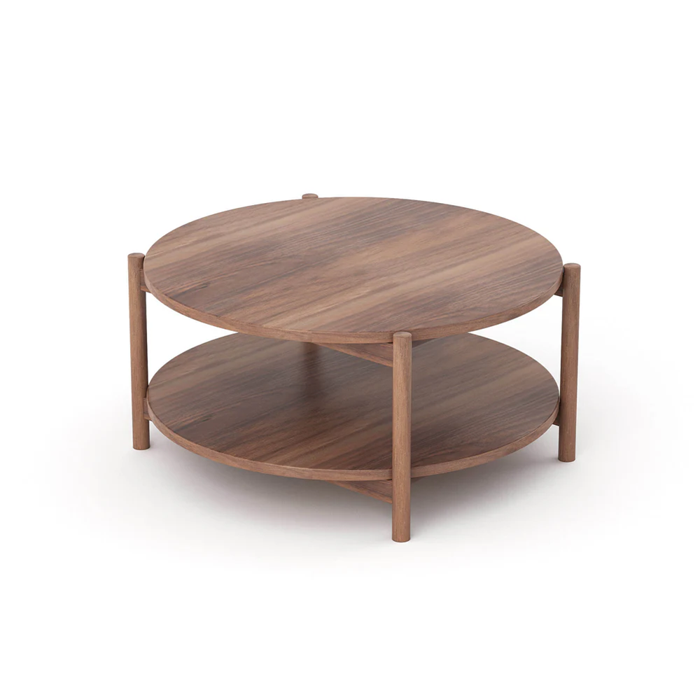 Solid Wood Round Coffee Table with Double Shelf
