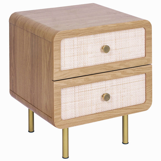 Wooden Bedside Table with Rattan Drawer in Natural Finish