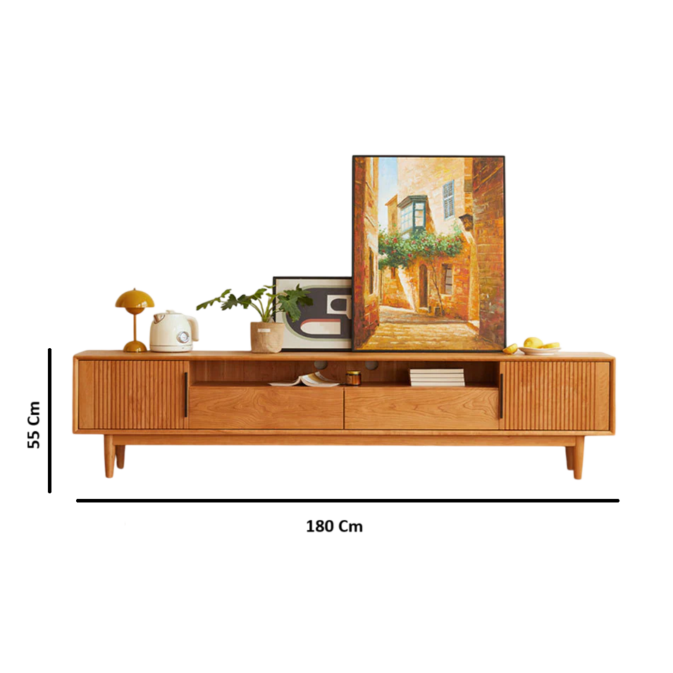 Solid Wood TV Cabinet with Storage for Living Storage in Natural Oak Finish