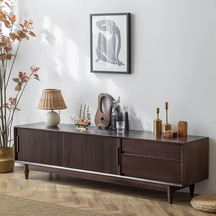 Solid Wood TV Cabinet with Storage for Living Storage in Dark Walnut Finish
