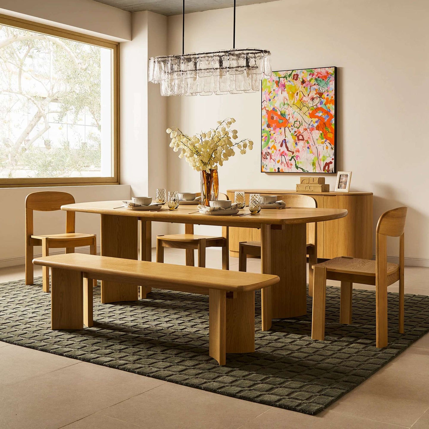 Solid Wood Dining Table 6 Seater with Bench for Dining Room