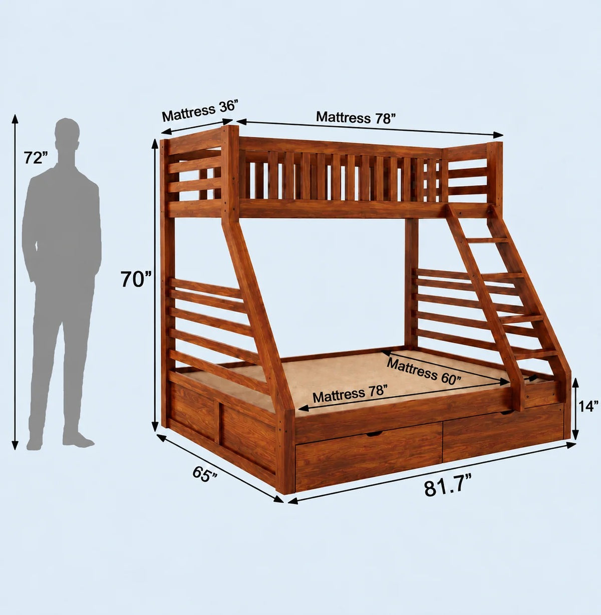 Solid Sheesham Wooden Bunk Bed with Storage Drawers