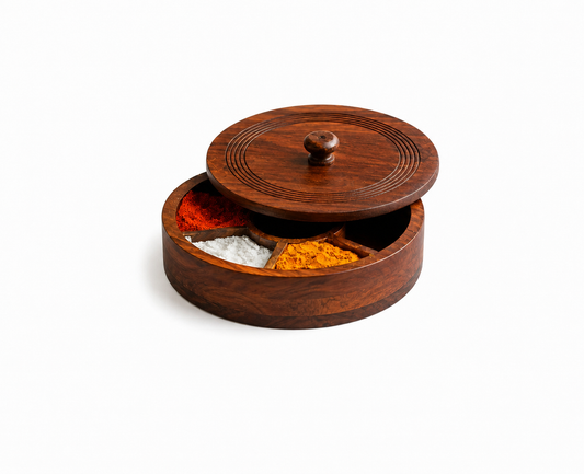 Sheesham Wood Hand Carved Spice Box with Spoon