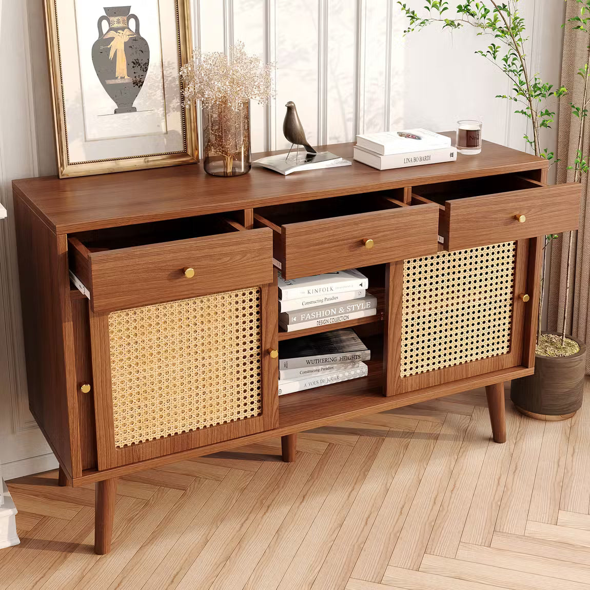 Wooden Sideboard with Rattan Sliding Doors & Drawers