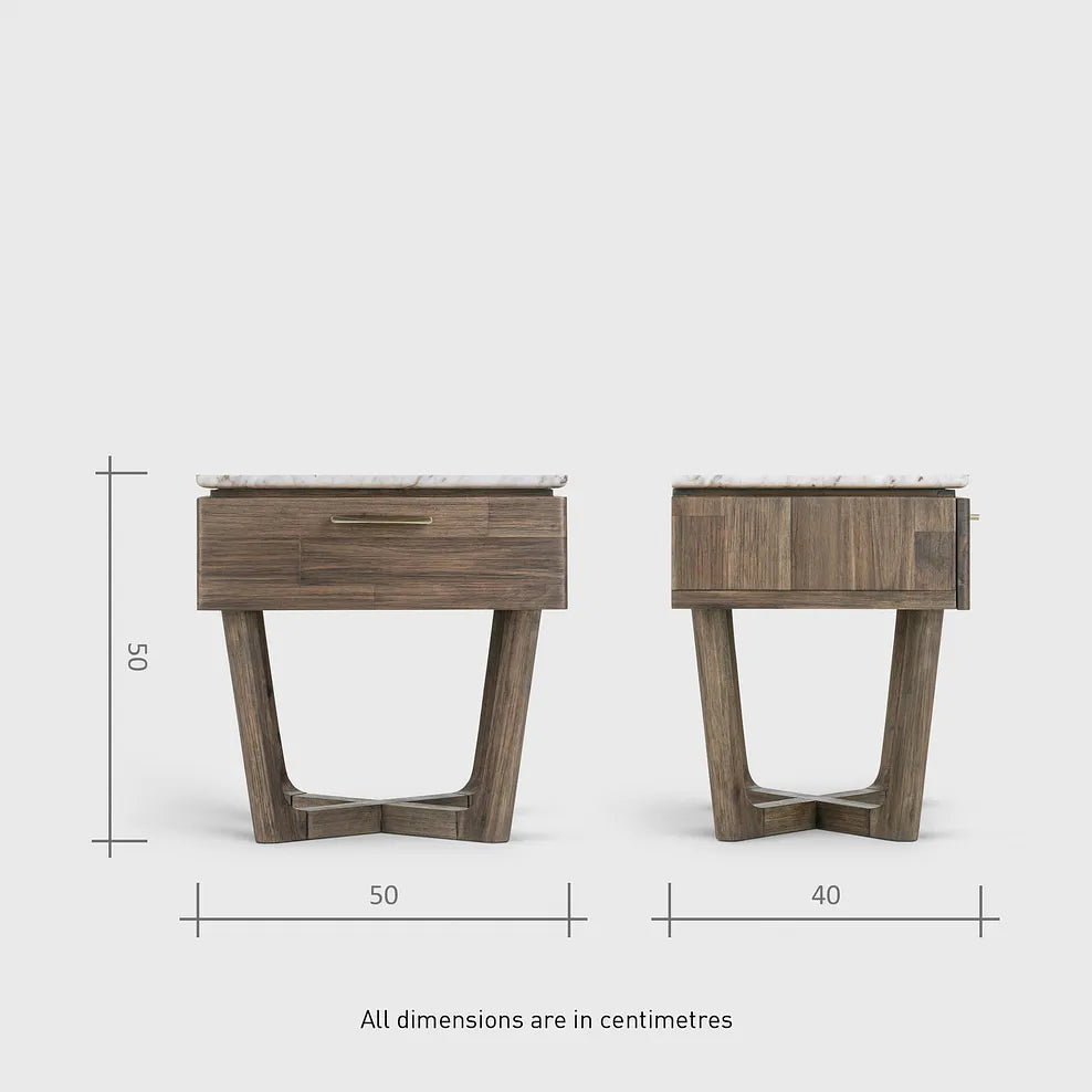 Wooden Bedside Table with Marble Top in Rustic Oak Finish