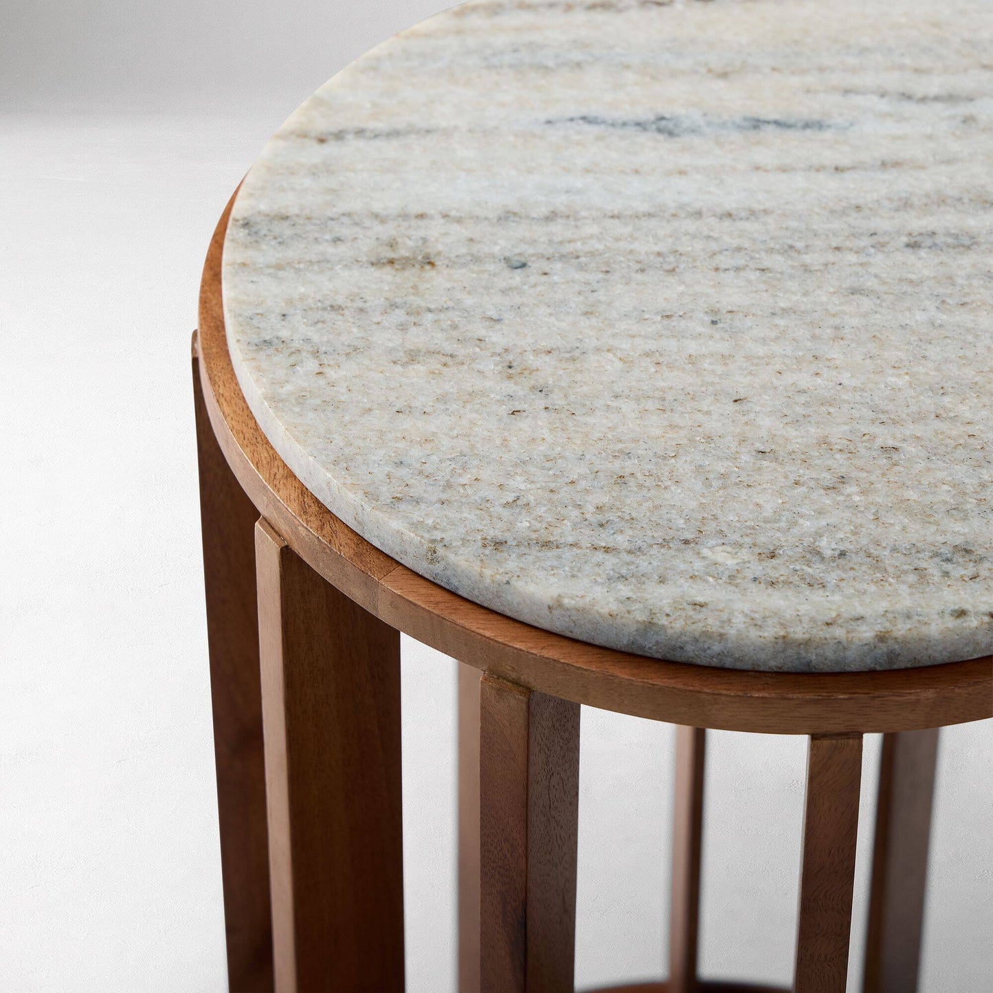 Wooden Round Side Table with Marble Top