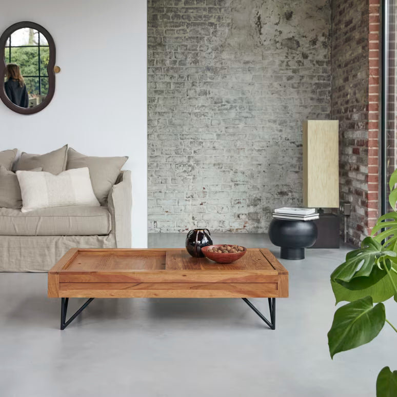 Solid Wood Coffee Table with Slide-Top Storage & Metal Legs