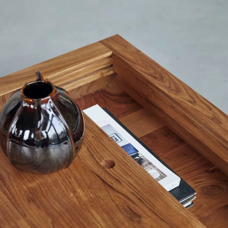 Solid Wood Coffee Table with Slide-Top Storage & Metal Legs