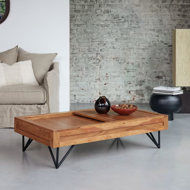 Solid Wood Coffee Table with Slide-Top Storage & Metal Legs