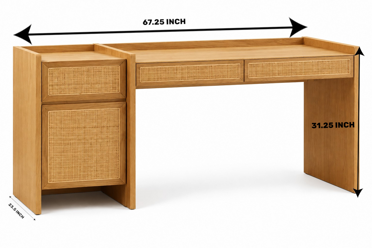 Wooden Study Table with Storage in Rattan Design