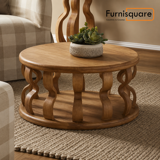 Wooden Round Coffee Table with Curved Pedestal Base