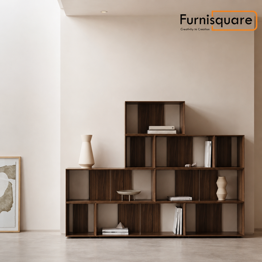 Solid Wood Adjustable Bookshelf for Living Storage in Walnut Finish