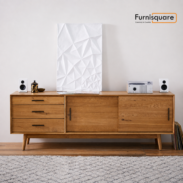 Wooden Media Console in Natural Finish for Entertainment Space