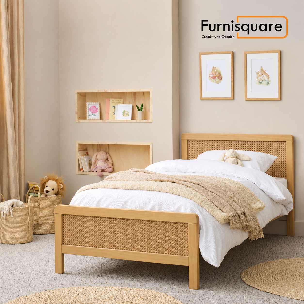 Wooden Single Bed for Kid's Bedroom in Rattan Design