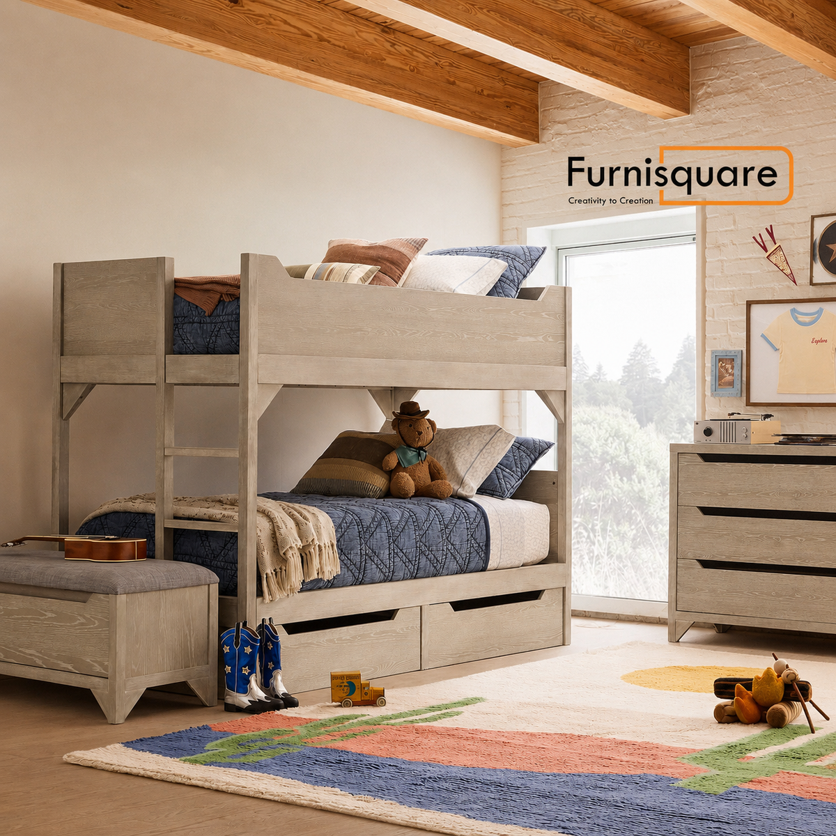 Wooden Bunk Bed with Storage Drawers in Rustic Teak Finish