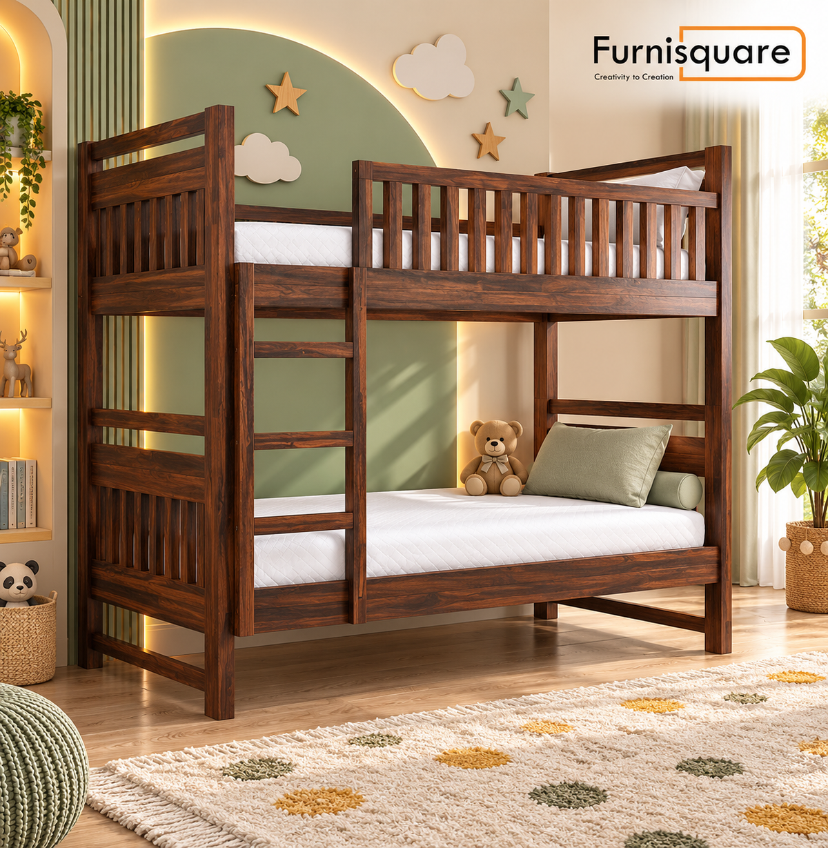 Solid Sheesham Wooden Bunk Bed with Ladder