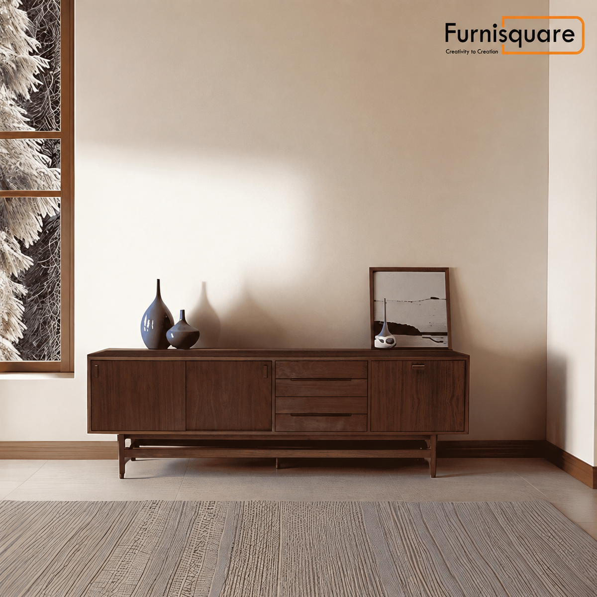 Solid Wood TV Unit with Drawer & Cabinet Storage for Living Room