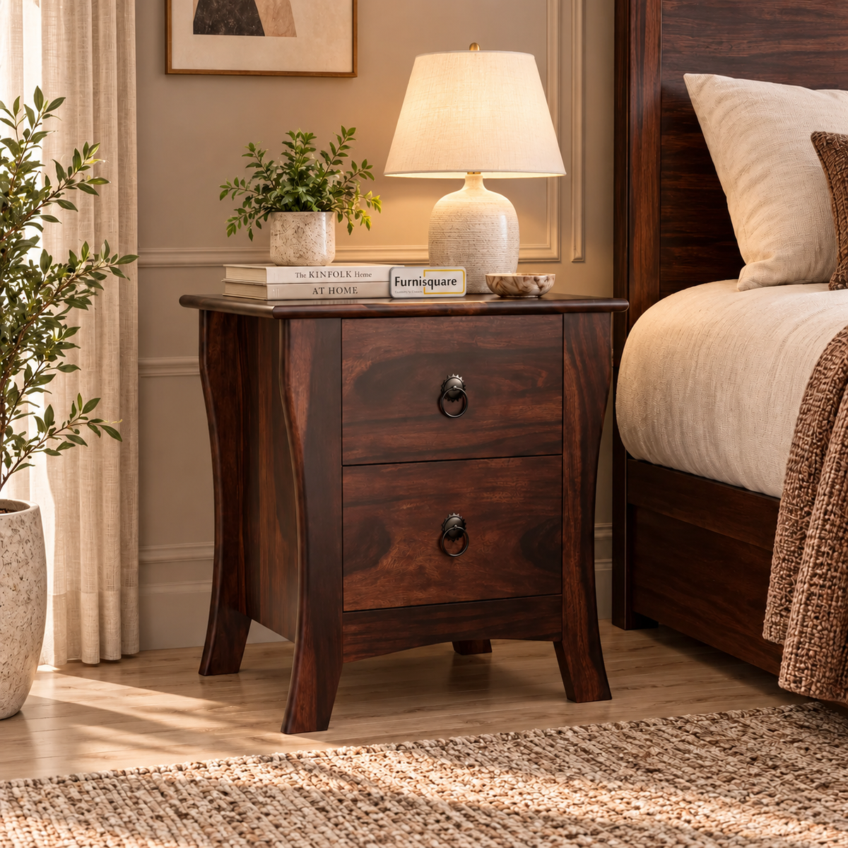 Wooden Bed Side Table with Drawers for Bedroom