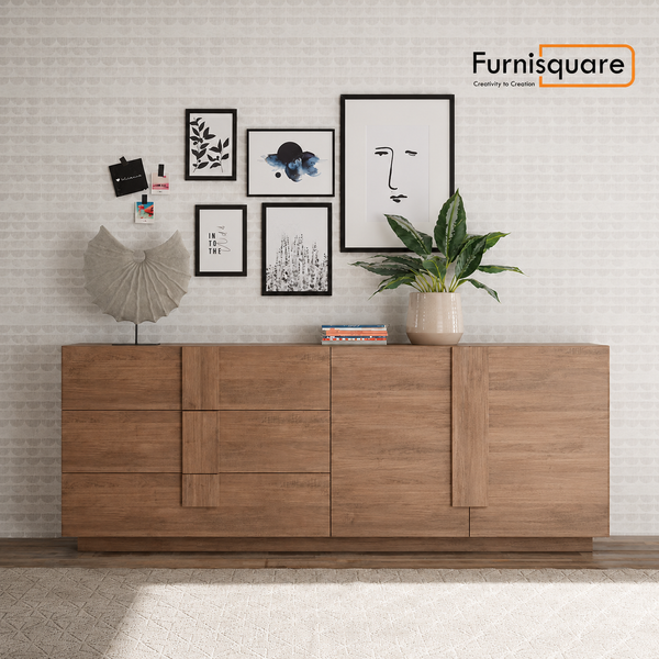 Wooden Sideboard with Textured Panel Details for Living Storage