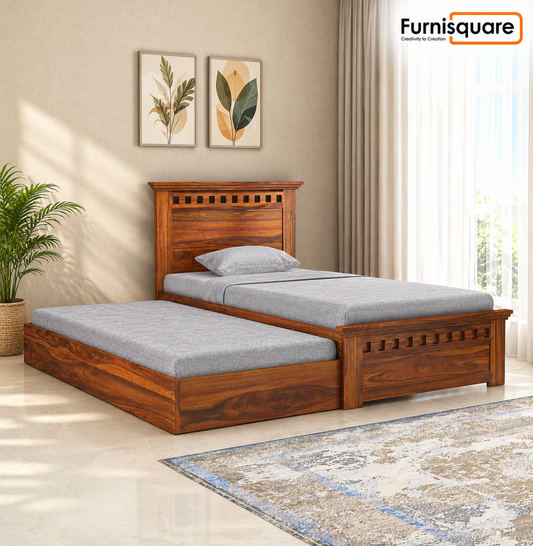 Sheesham Wood Single Size Trundle Bed with 1 Extra Pullout Bed for Bedroom Living Room (Natural Finish)