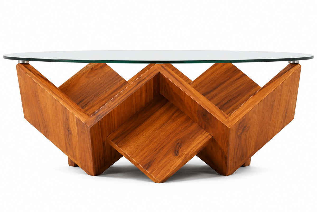 Solid Wood Round Glass Coffee Table with Geometric Wood Base