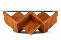 Solid Wood Round Glass Coffee Table with Geometric Wood Base