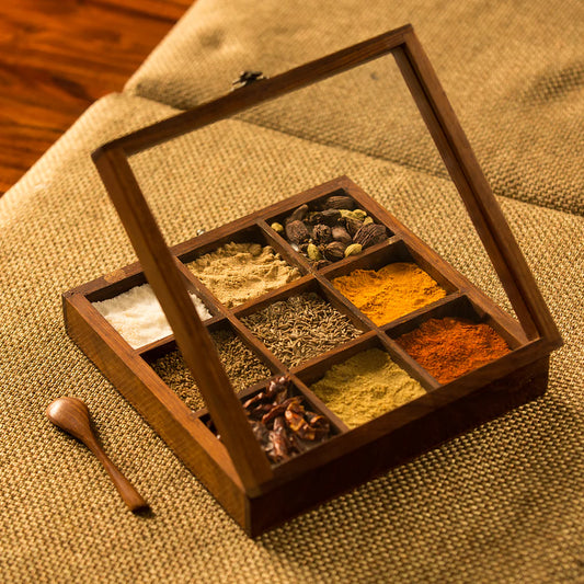 Solid Sheesham Wood Spice Box With Spoon